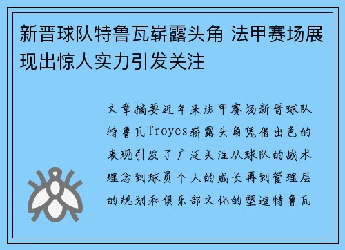 新晋球队特鲁瓦崭露头角 法甲赛场展现出惊人实力引发关注