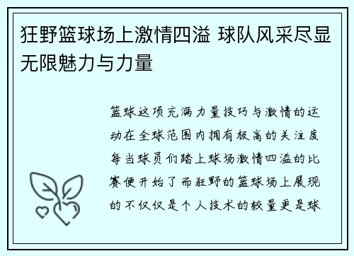 狂野篮球场上激情四溢 球队风采尽显无限魅力与力量