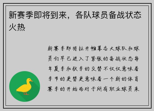 新赛季即将到来，各队球员备战状态火热