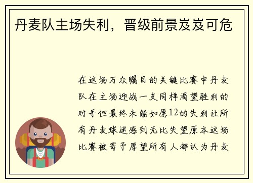丹麦队主场失利，晋级前景岌岌可危