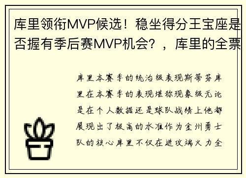 库里领衔MVP候选！稳坐得分王宝座是否握有季后赛MVP机会？，库里的全票mvp赛季数据