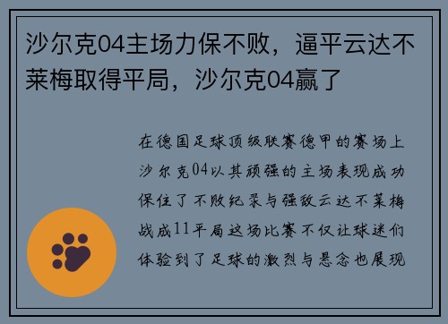 沙尔克04主场力保不败，逼平云达不莱梅取得平局，沙尔克04赢了
